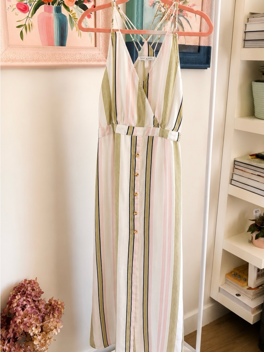 Striped V-Neck Maxi Dress in Pastel Pink & Olive